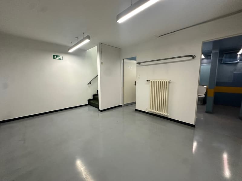 An empty room with a white radiator, a toilet, a grey floor, a white ceiling, two lamps, and a staircase leading to another level.
