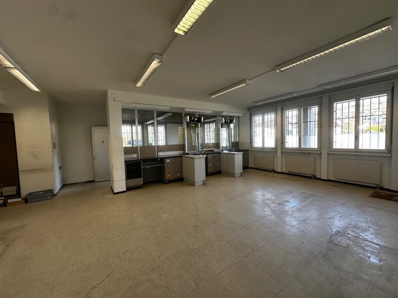 Empty room with windows, kitchen appliances, ceiling lights, radiators, tiled floor