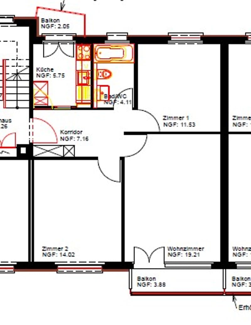 Kitchen, 3 bedrooms, 2 bathrooms, hallway, balcony