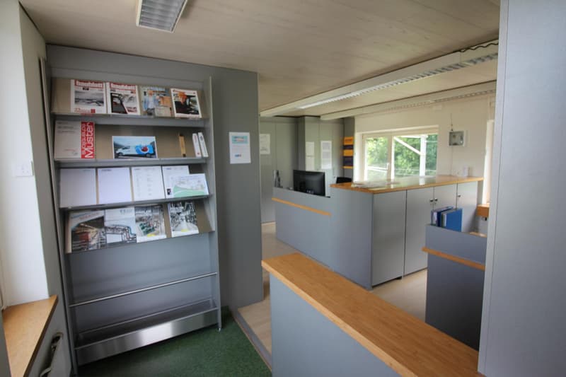 metal shelving, books, magazines, monitor, wooden counter, wooden window sill