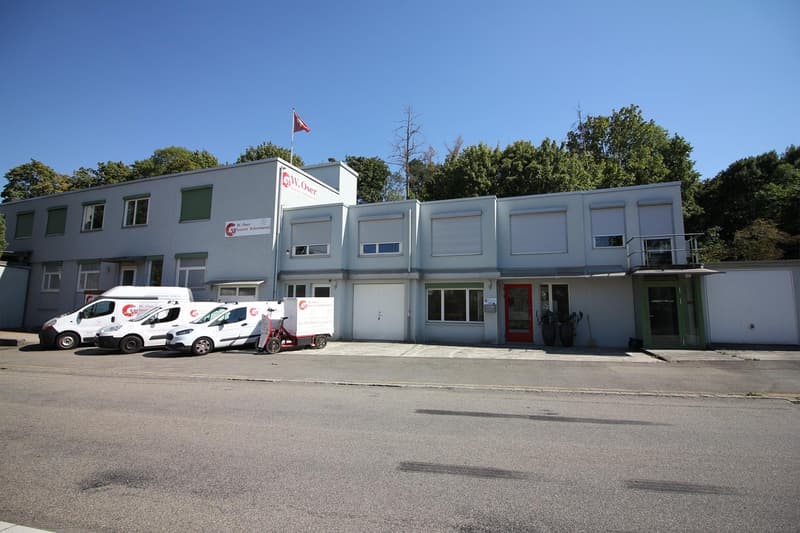 2 story building, white exterior, large windows, garage, plants in front