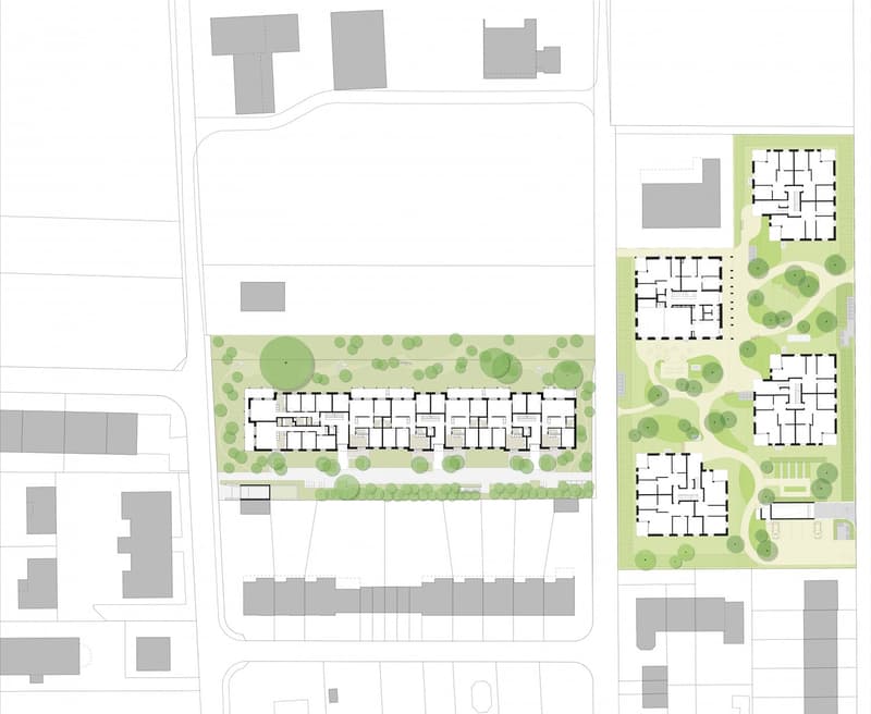 The image shows a floor plan of a residential development. It includes multiple buildings with apartments, as well as outdoor green spaces and parking areas.