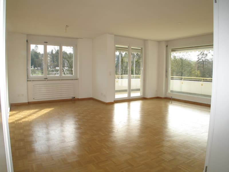 empty room, wooden floor, sliding doors to balcony, white walls, radiators, windows