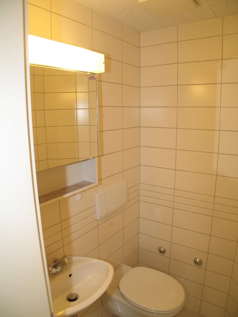 Bathroom with white tiles, mirror, toilet, sink, and lighting fixture