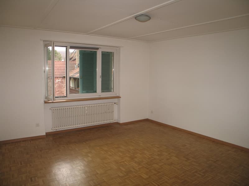 Empty room, white walls, wooden floor, white radiator, white ceiling, open window with green shutters, power outlet