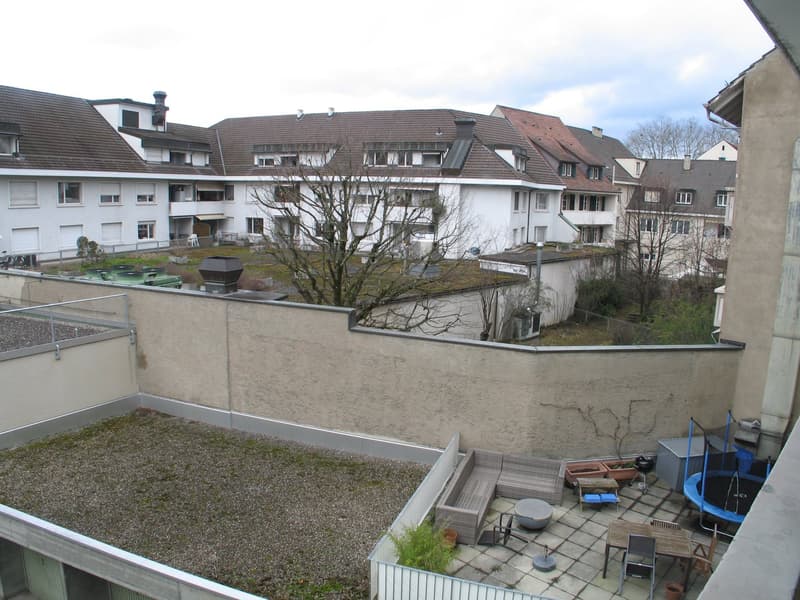 Exterior view of multistory building, terrace with seating area, garden, large tree, moss covered roof, multiple windows