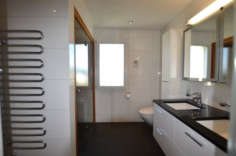 white tiles, black floor, white cabinets, double sink, toilet, shower, towel warmer