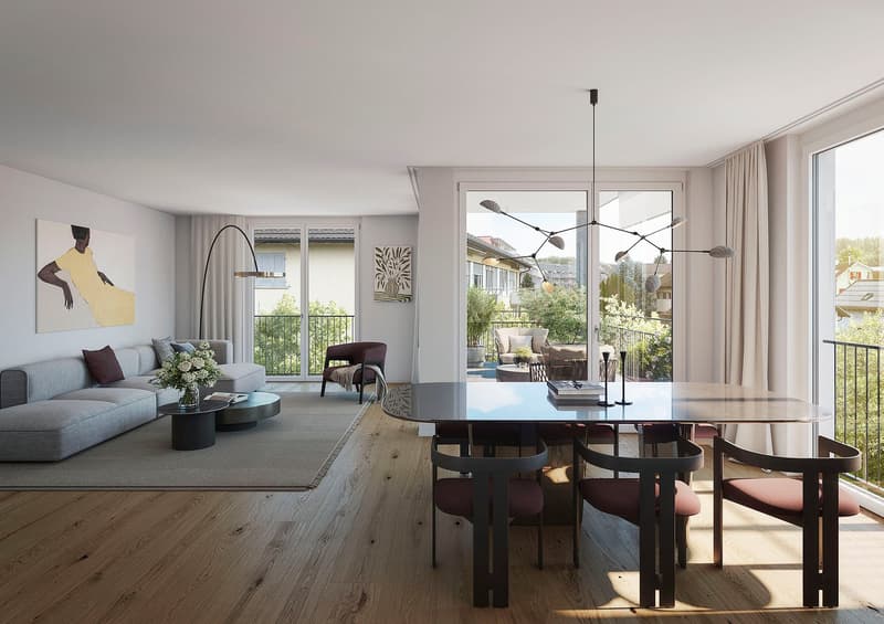 modern living room, wooden floor, large windows, balcony, dining table, couch, armchair, floor lamp, chandelier