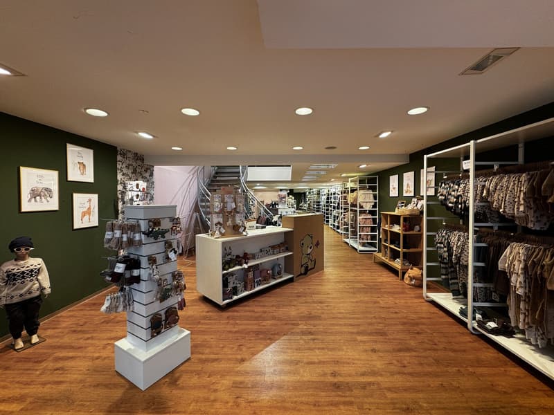 interior of store, wooden floors, green walls, display racks with clothes, toys, and accessories