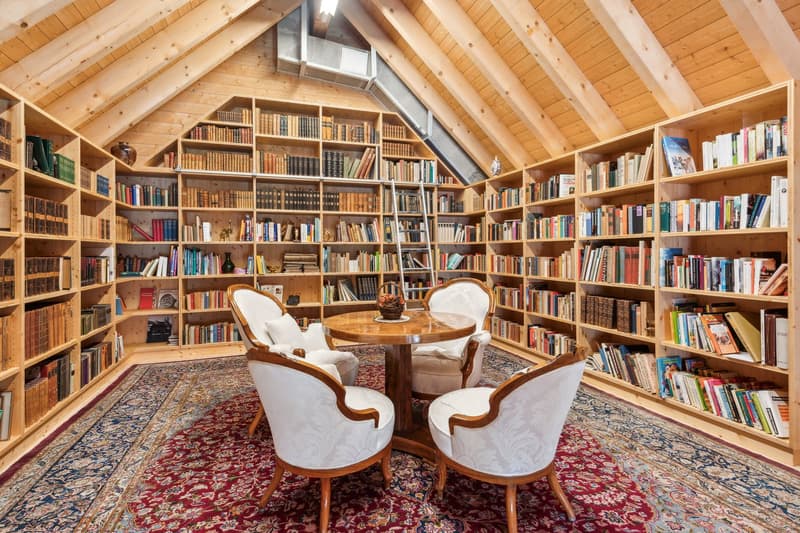 bookshelves, table, chairs, carpet, ladder