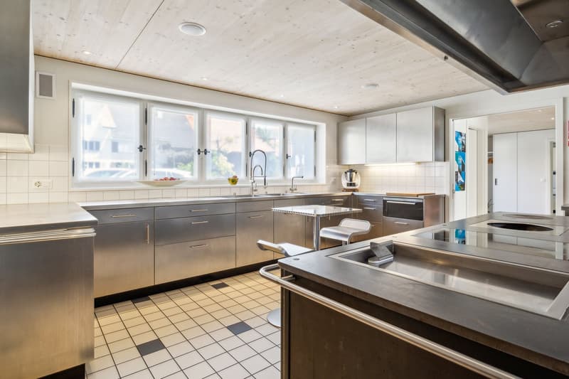 modern kitchen, stainless steel cabinets, double sink, under cabinet lighting, tiled floor, large windows, modern appliances