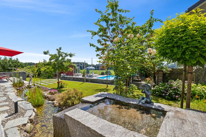 A garden with a stone fountain, a winding stream, various plants and trees, a grassy lawn, a swimming pool, and a clear view of the surroundings.