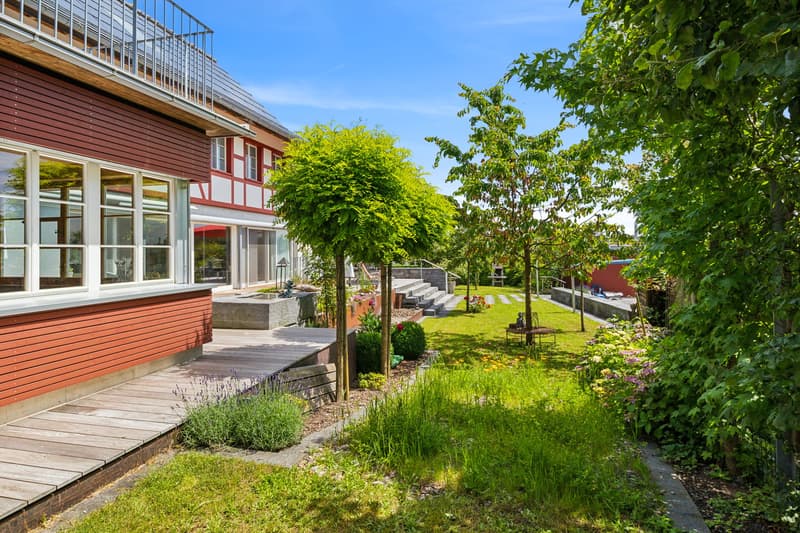 modern house with wooden facade, glass windows, wooden deck, small lawn area, trees, steps