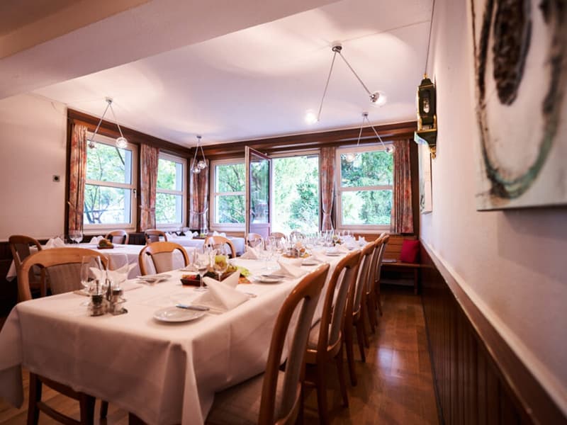 Large dining room with long table, wooden chairs, and large windows with view of the outside.