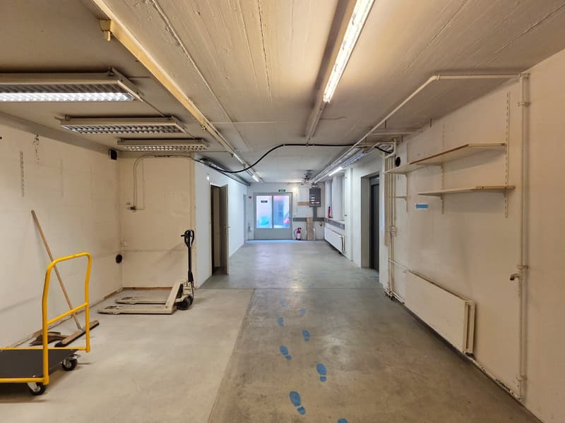 Empty room with a long corridor, concrete floor, white walls, shelves, and track lighting on the ceiling. There are two doors leading to other rooms, one of which is a fire exit.