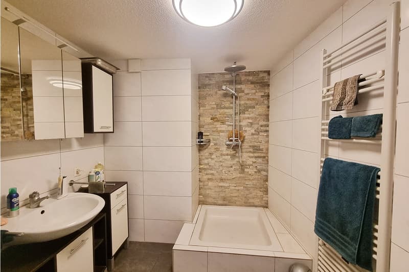 Bathroom with shower, bathtub, sink, mirror, and towels