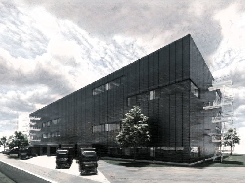 modern office building, black exterior, multiple windows, emergency stairs, trucks parked in front