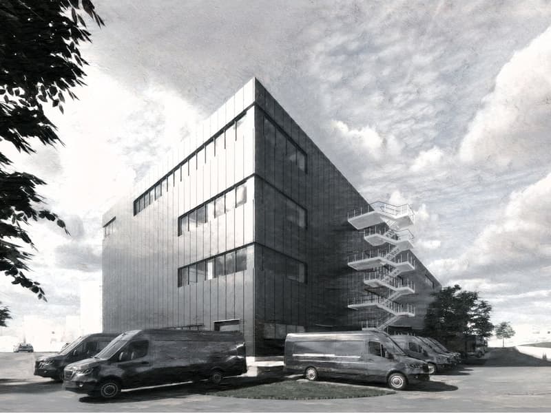 modern building, multiple windows, staircase, multiple vans parked in front