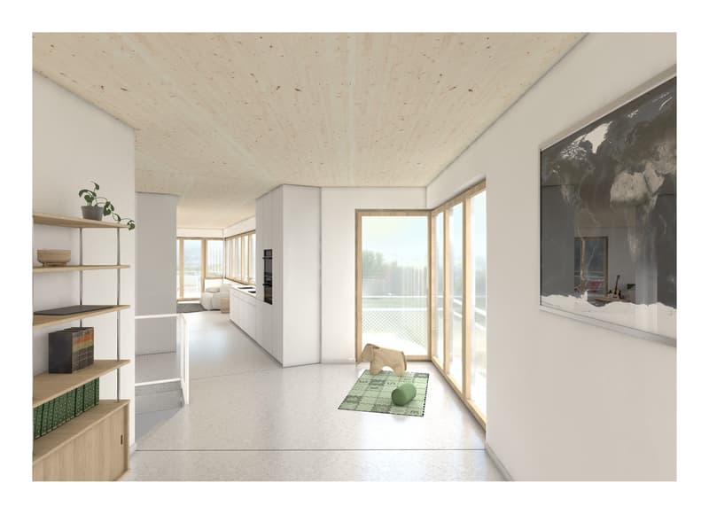 Open floor plan, large windows, balcony, modern kitchen, living area, wooden shelves, white walls, wooden ceiling