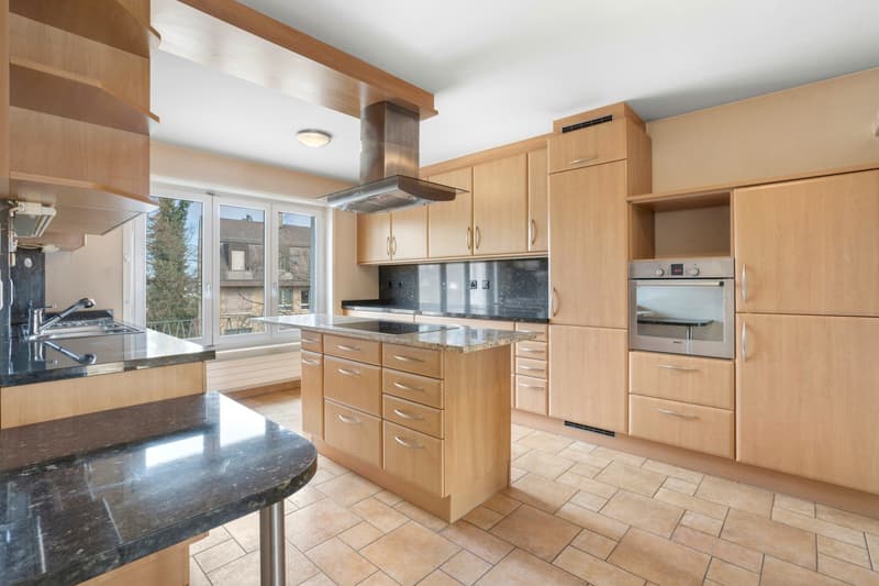 modern kitchen with island, granite countertops, wooden cabinets, stainless steel appliances, large windows