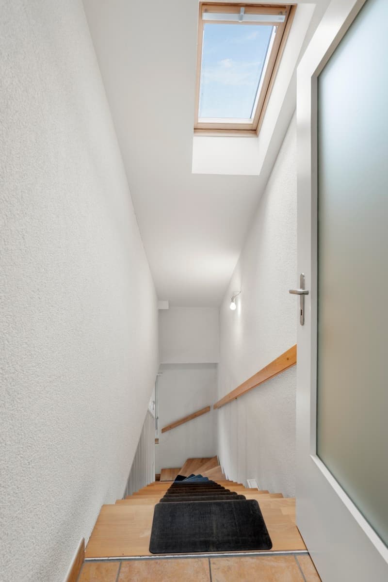 wooden staircase, white walls, black carpet, skylight