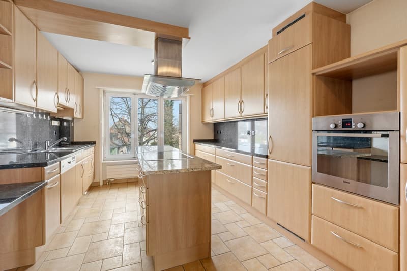 modern kitchen with wooden cabinets, granite countertop, stainless steel appliances, central island, large window