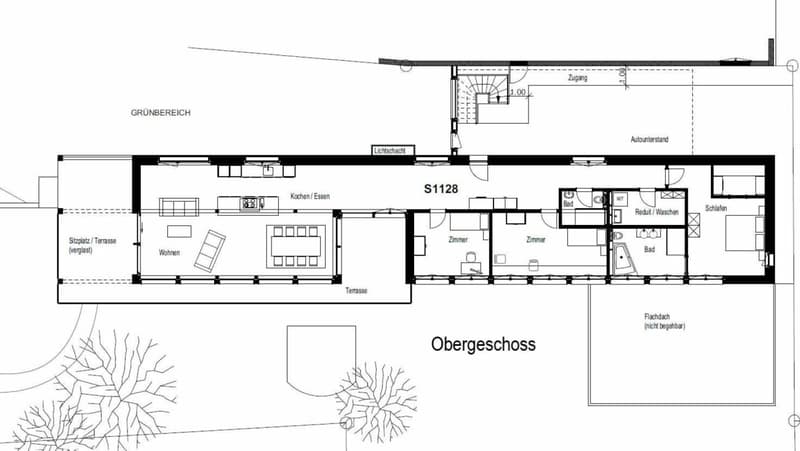 Zu verkaufen grosszügiges Terrassenhaus, 4.5 Zimmer, Länge 35 Meter. Am Bleicheliweg 2, 9055 Bühler bei Teufen, mit Weitsicht auf Wiese und Wald. Nur 2 Gehminuten bis Bahnhof ! (3)