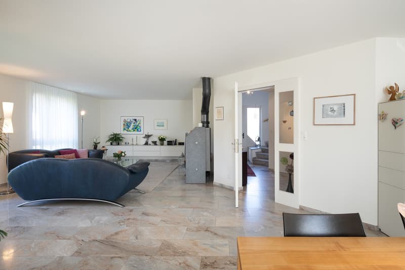 modern living room, fireplace, blue sofa, wooden table, black chair, white walls, tiled floor
