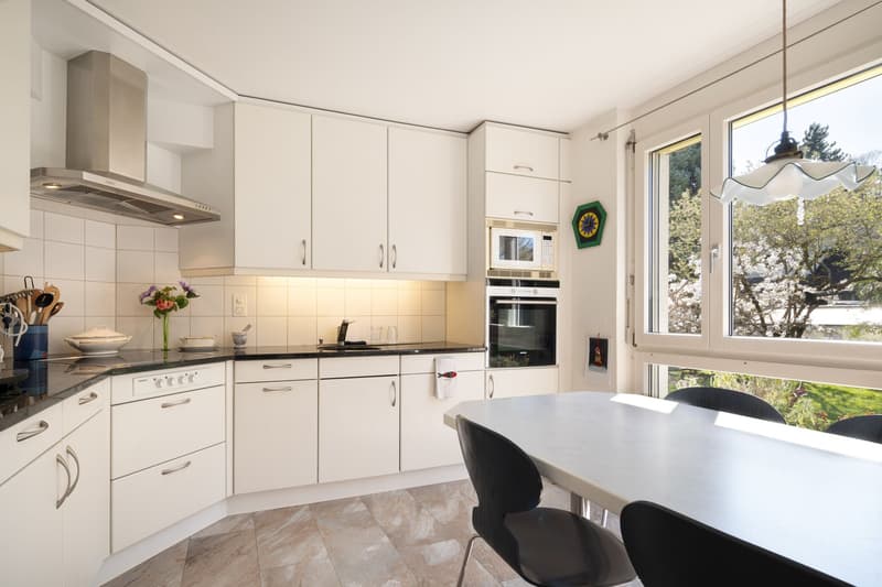 modern kitchen with white cabinets, black countertops, stainless steel appliances, large windows