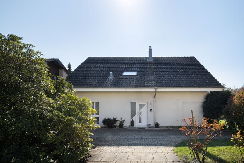 white house, black roof, brick driveway, white door, plants, chimney