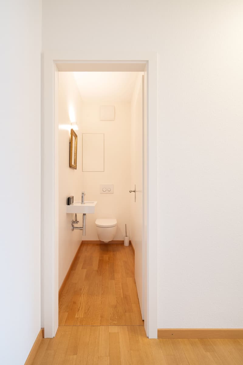 small bathroom with toilet, sink, mirror, and wooden floor