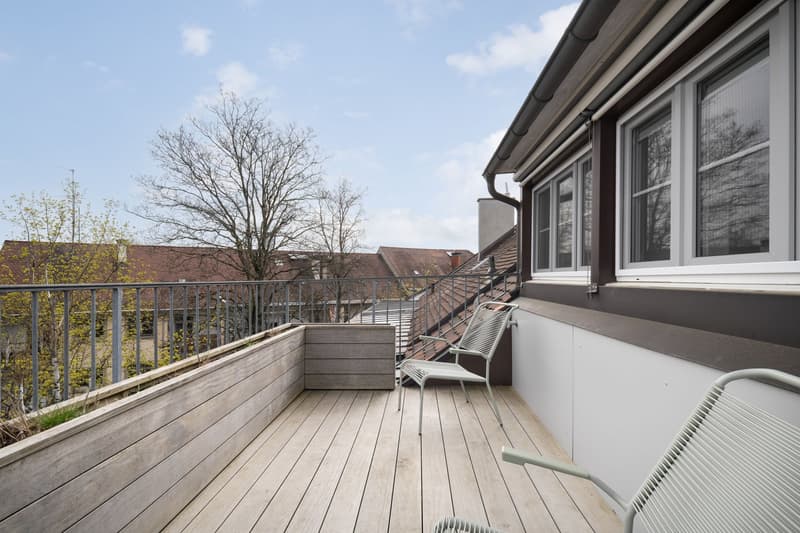 Wooden floor, metal railing, two chairs, potted plants