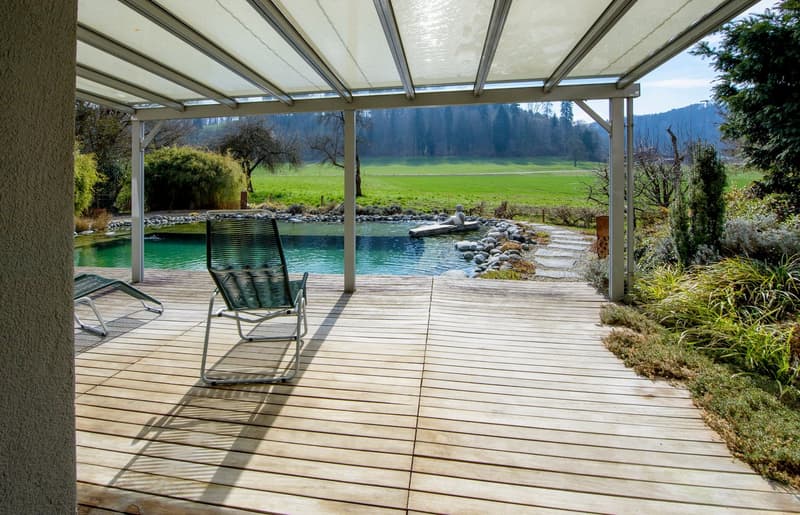 wooden deck, swimming pool, green lawn, trees, mountains in the distance