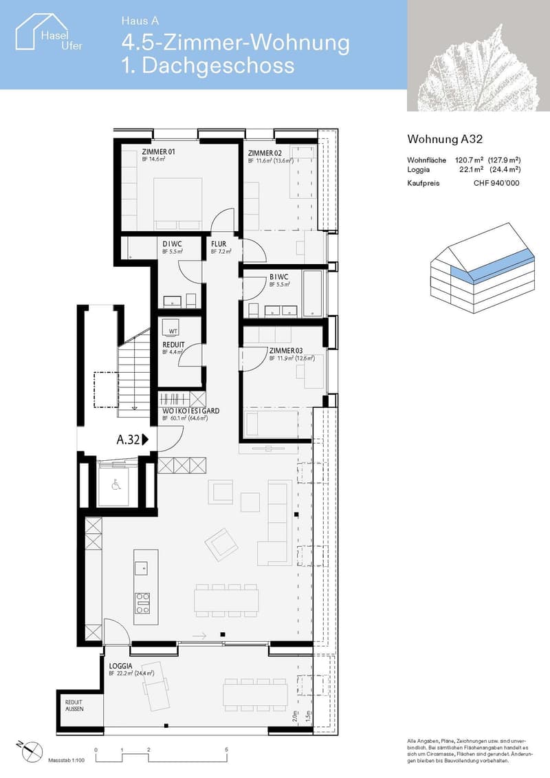 4.5-room apartment, 1st floor, living room, kitchen, 3 bedrooms, 2 bathrooms, balcony, utility room, storage room