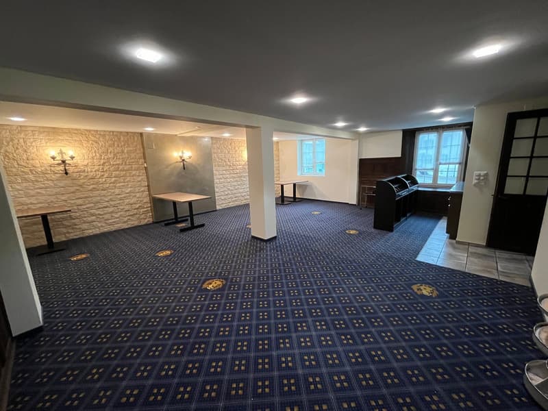 Large open basement space with patterned blue and gold carpet, brick walls, lighting fixtures, and a piano in the corner.