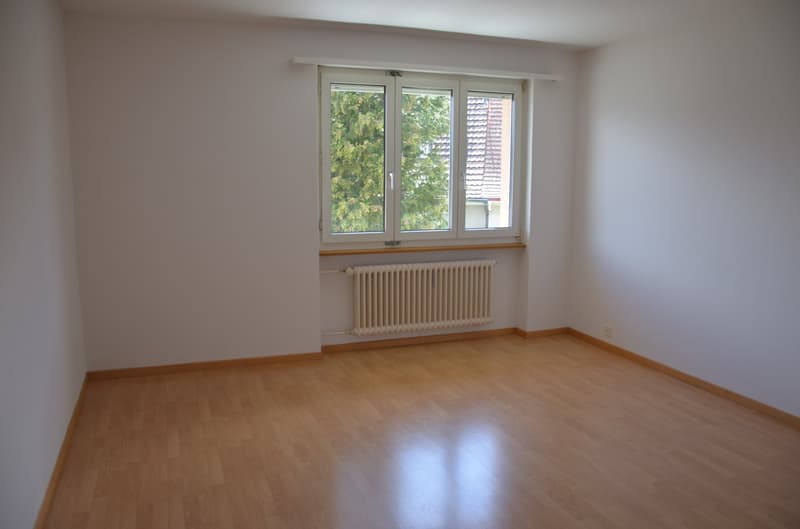 empty room, white walls, wooden floor, large window, white radiator