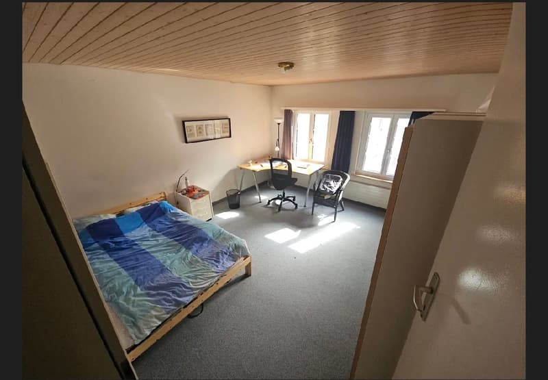 Single bed, Desk, Chair, Office Chair, Trash Bin, Window, Frame, Bedside table, Lamp, Office Lamp