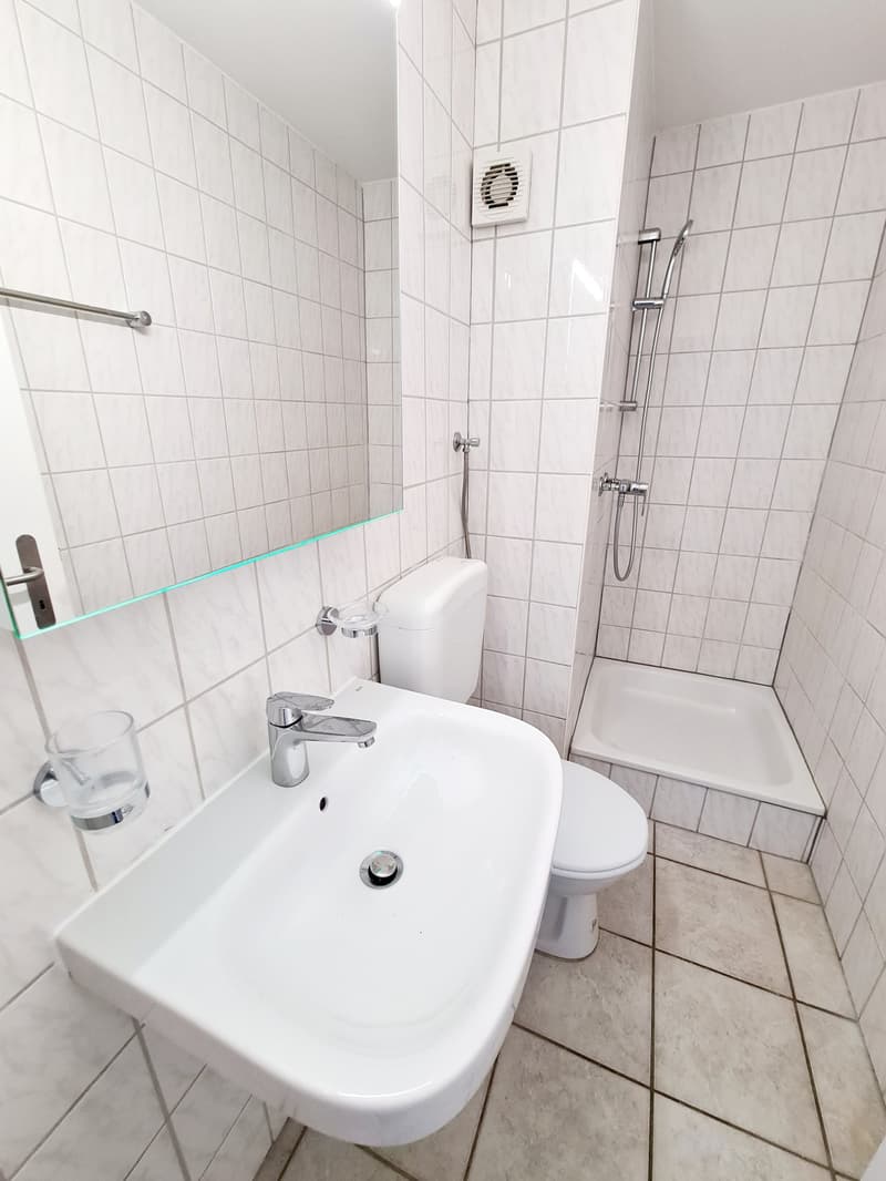 White tiled walls, white sink, toilet, shower with glass door, ventilation fan