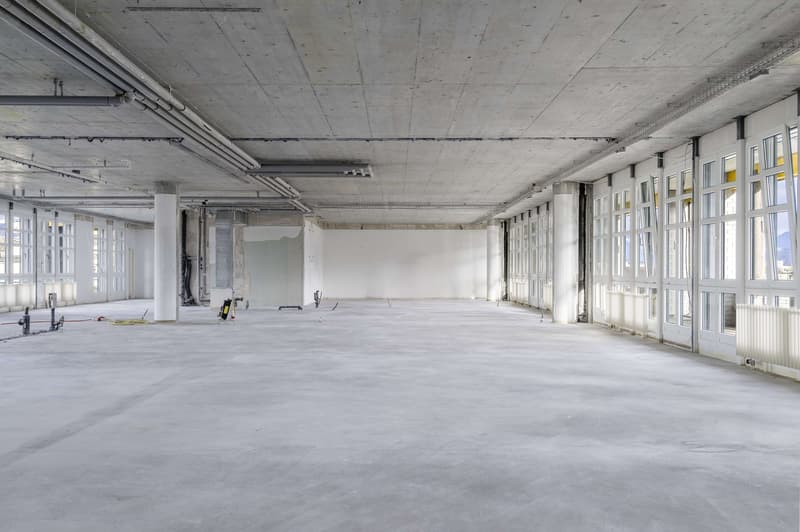 An empty floor plan of a room, concrete floor, large windows, ceiling beams