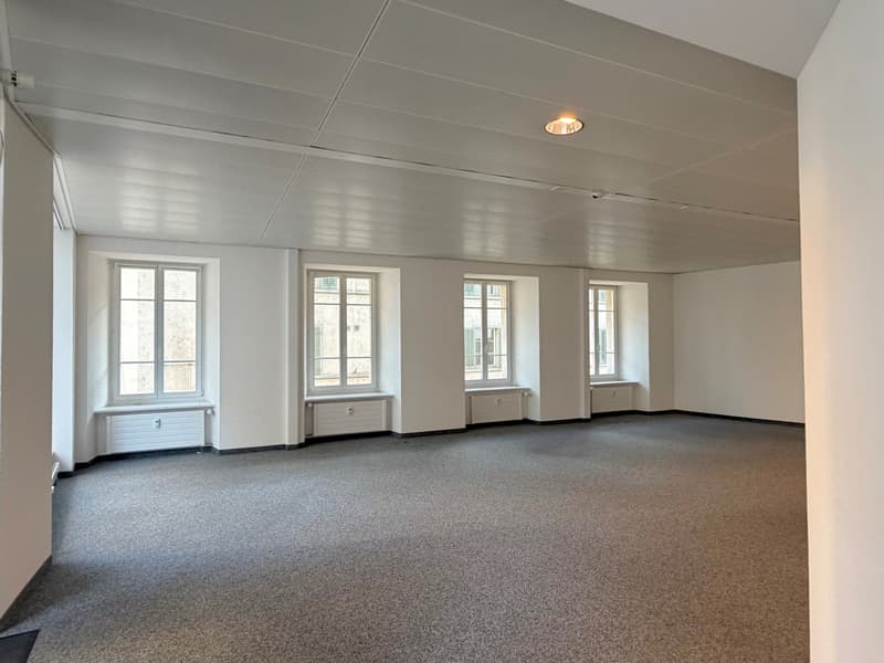 empty room, white walls, gray carpet, three windows, white ceiling
