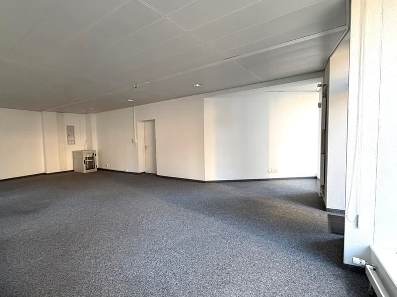 empty room, white walls, gray carpet, white ceiling, two doors, electrical outlets, small white cabinet