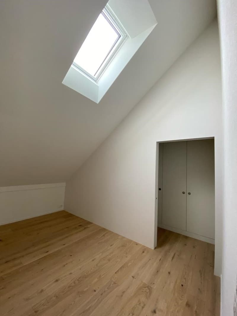 empty attic room with wooden floor, white walls, and a skylight