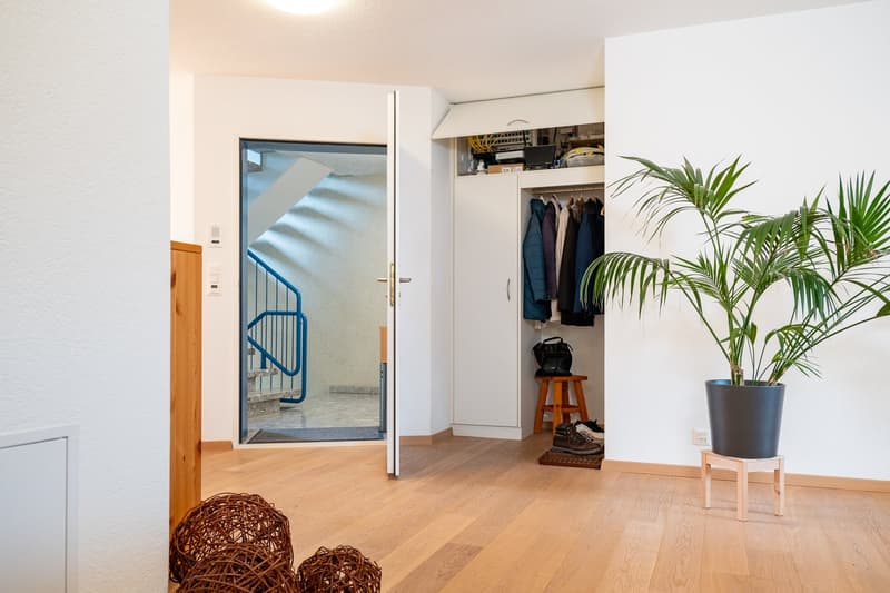wooden floor, white walls, open door, closet, plant, shoes, basket, staircase