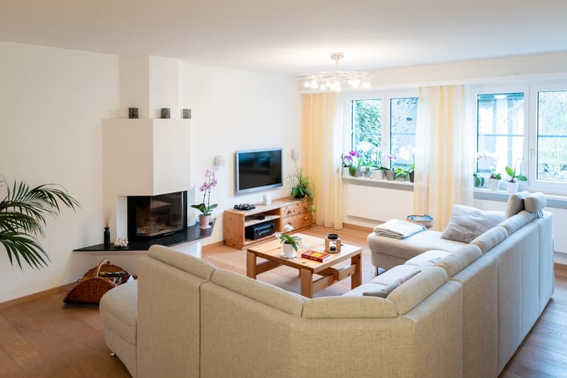 modern living room with fireplace, large windows, beige sofa, wooden coffee table, TV, wooden entertainment center, potted plants
