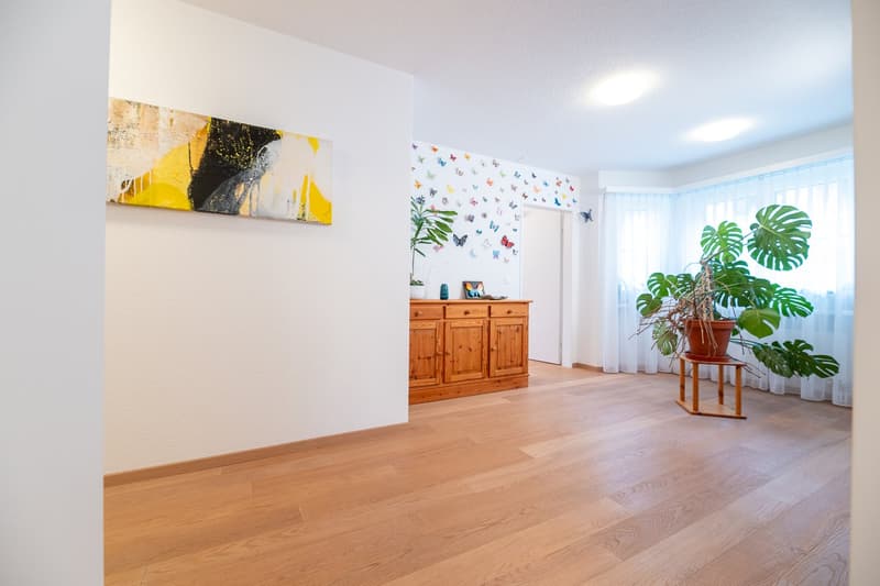 wooden floor, white walls, wooden cabinet, painting, plant, butterfly wall stickers, window with white curtains