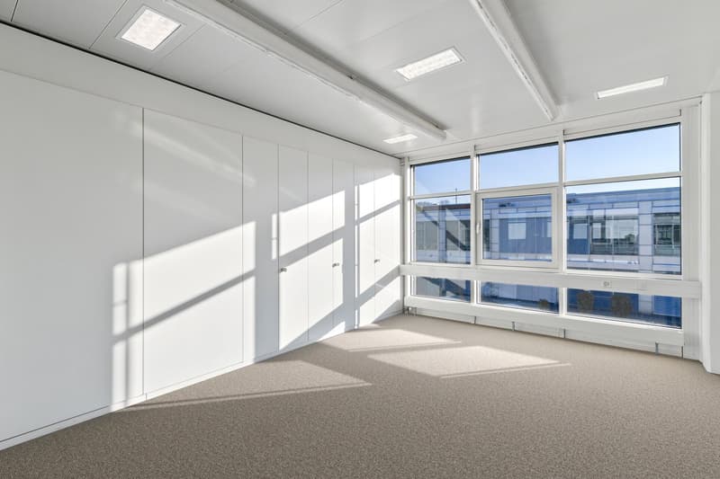 empty room, white walls, ceiling with recessed lighting, carpeted floor, multiple windows