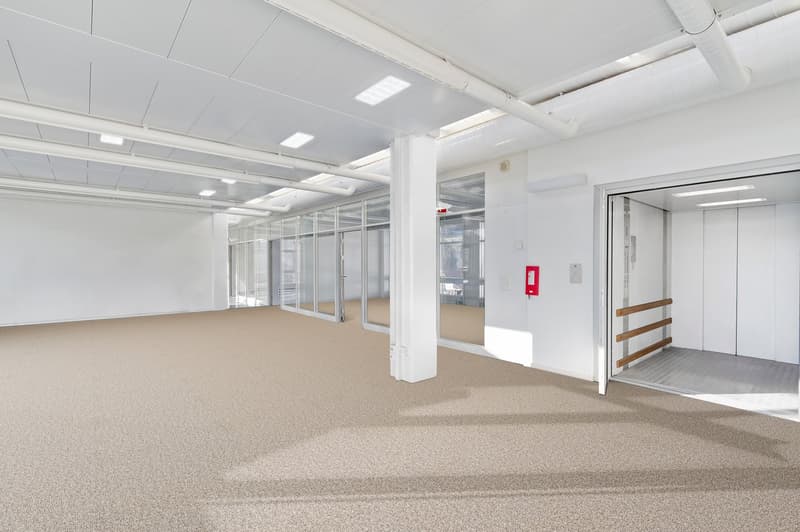 Wide open space, white walls, glass doors, metal railings, open elevator, beige carpet