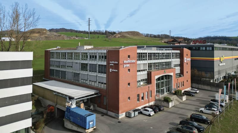 industrial building, brick facade, large windows, parking lot, surrounded by green field