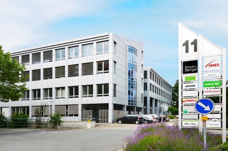 Modern office building, white exterior, multiple floors, large windows, parking lot, street signs, small shrubs