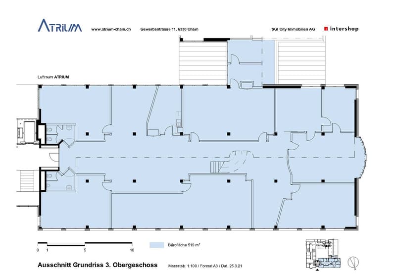 Office floor plan with various room configurations including open spaces and meeting rooms